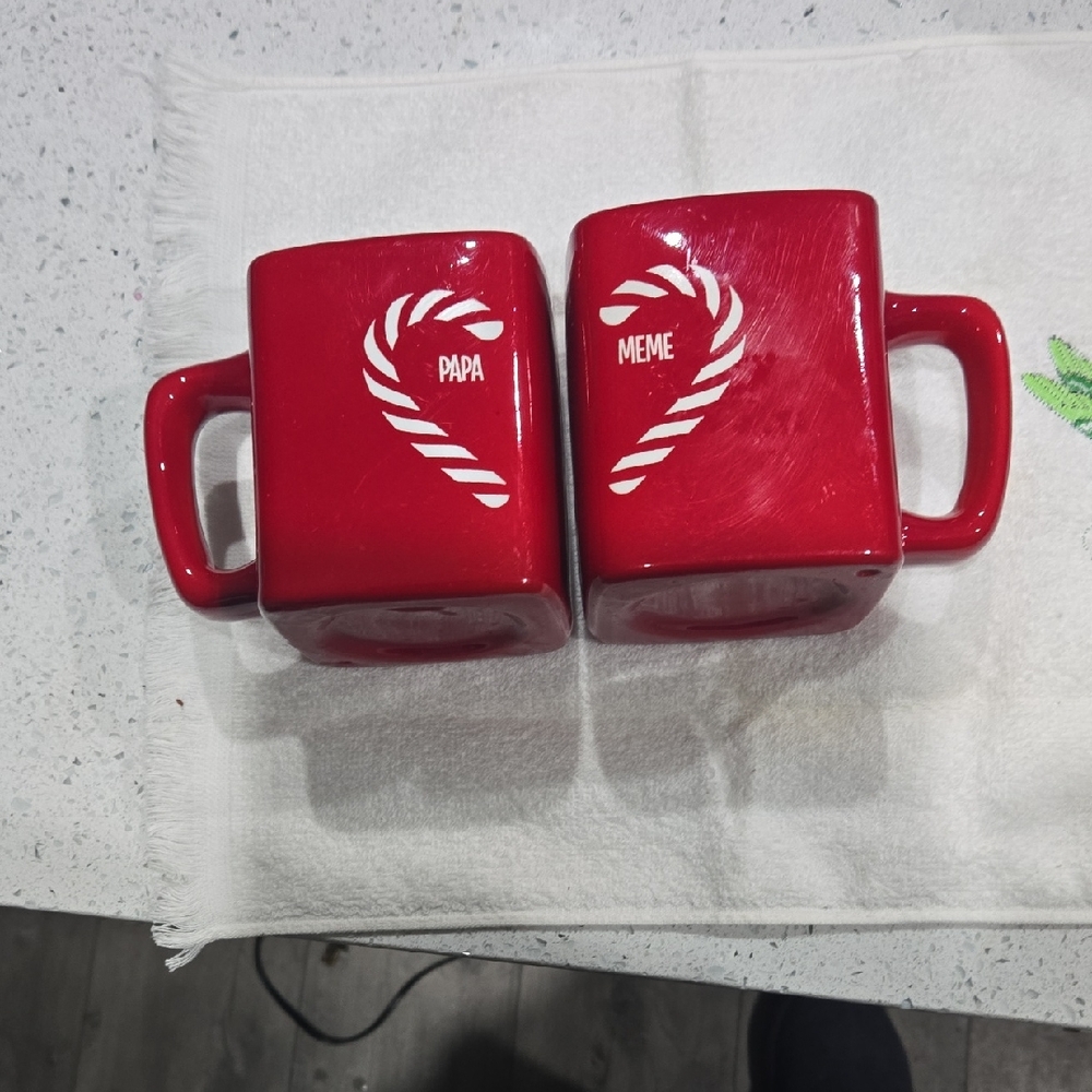 Red Ceramic Mug Set with Candy Cane Design